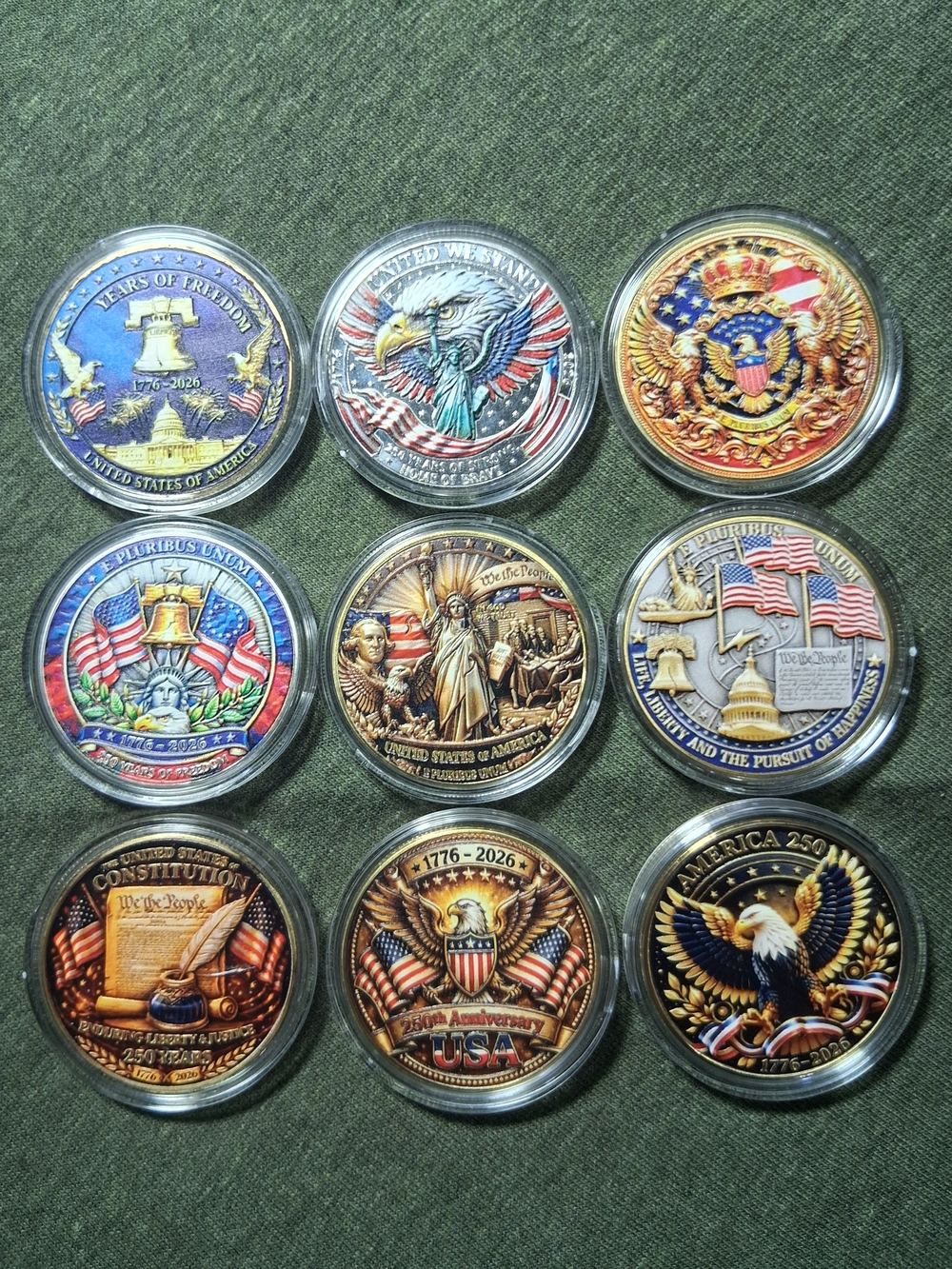 Set of 9 250th USA Birthday Commemorative Challenge Coins